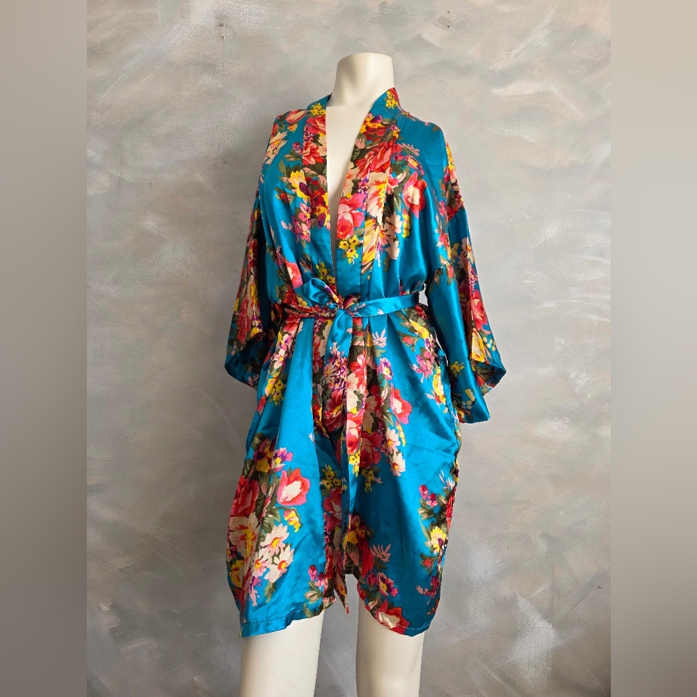 Vibrant Turquoise Multicolor Floral Satin Kimono Robe One Size Belted Colorful